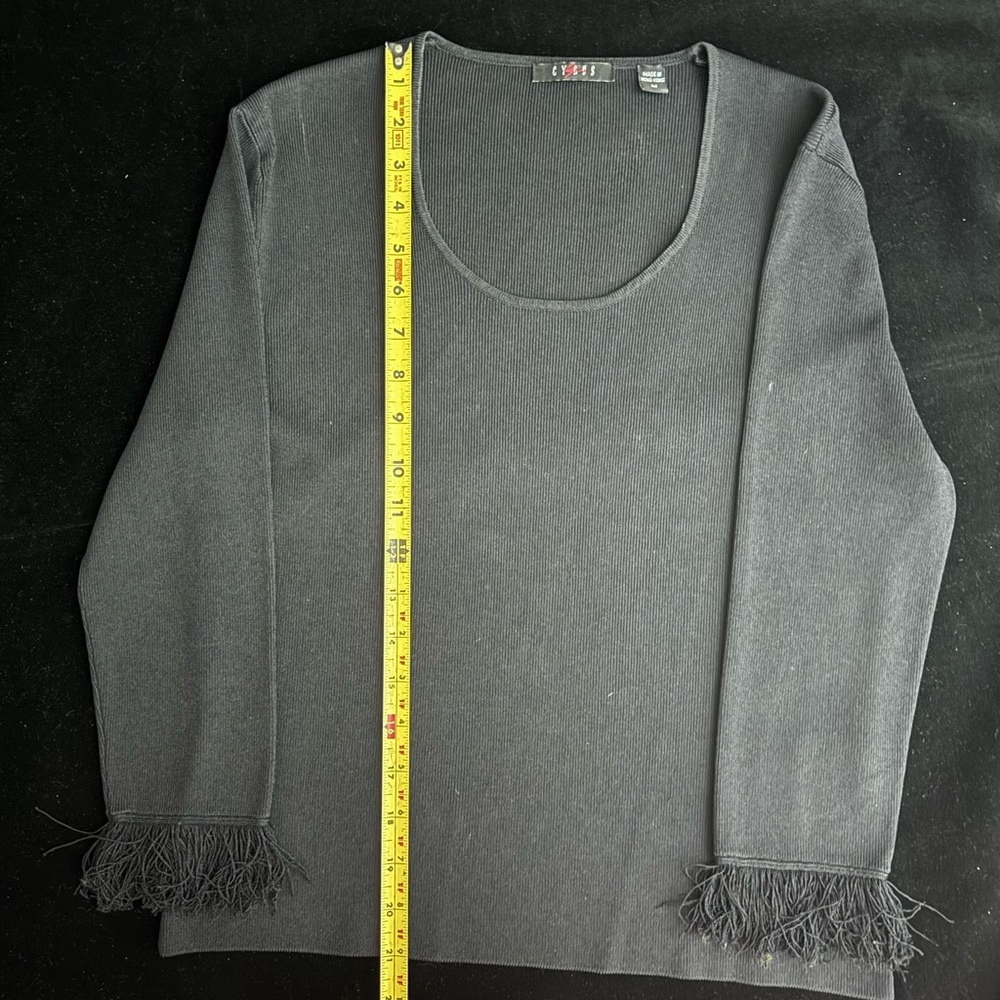 Women’s Black Sweater - Cyrus - Scoop Neck & 3/4 Sleeves with Fringe - Size M - Picture 11 of 16